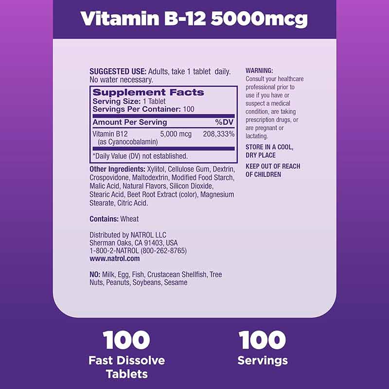 Vitamin B-12 5000 Mcg Fast Dissolve, 100 Tablets, NTR